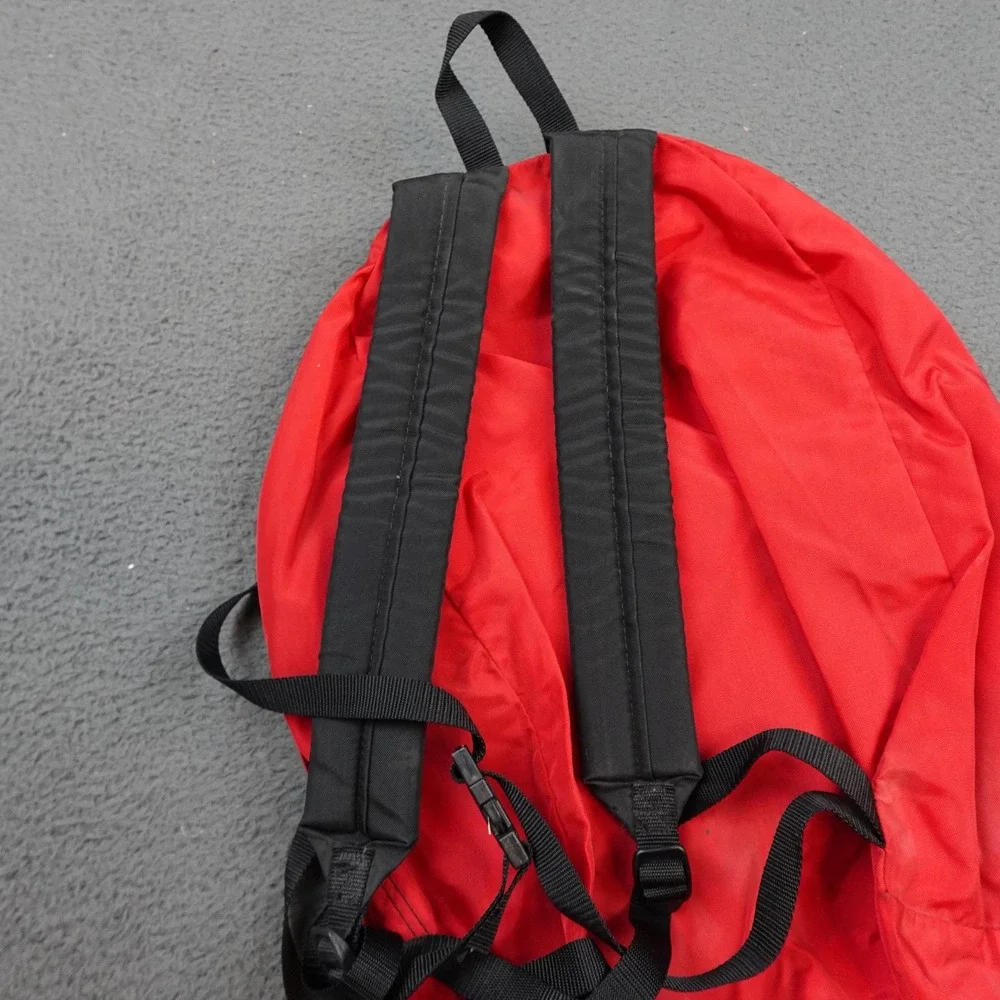 Vintage Eddie Bauer Backpack Red Daypack Leather Lash Patch Black Straps Hiking
